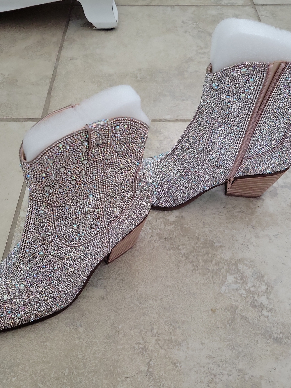 Sparkling Pink Rhinestone Ankle Booties with Stacked Heel